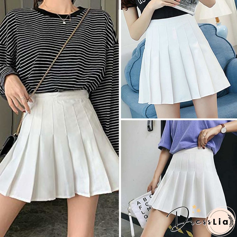 Women Girls High Waisted Plain Pleated Skirt Skater Tennis School Uniforms A-Line Mini Skirt Lining Shorts