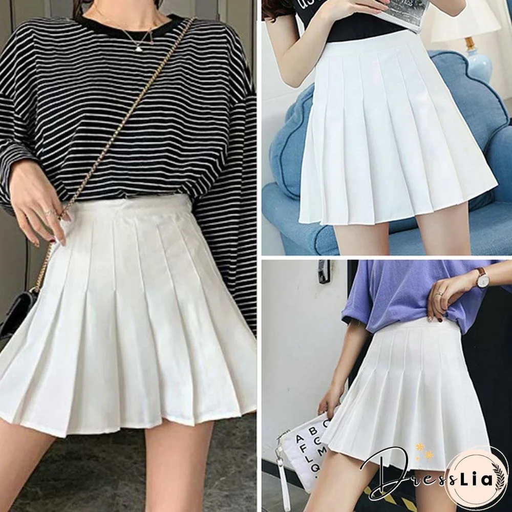 Women Girls High Waisted Plain Pleated Skirt Skater Tennis School Uniforms A-Line Mini Skirt Lining Shorts