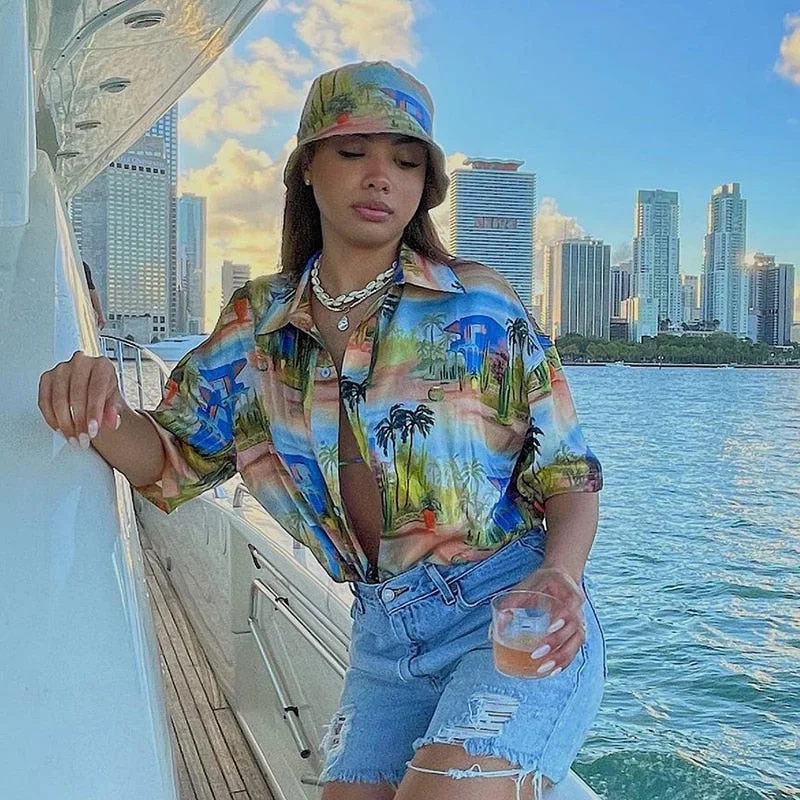 BIIKPIIK Summer Beach Tops For Women Single Button Short Sleeved Oversize Tshirts Casual Printing Turn-down Collar Loose Blouses