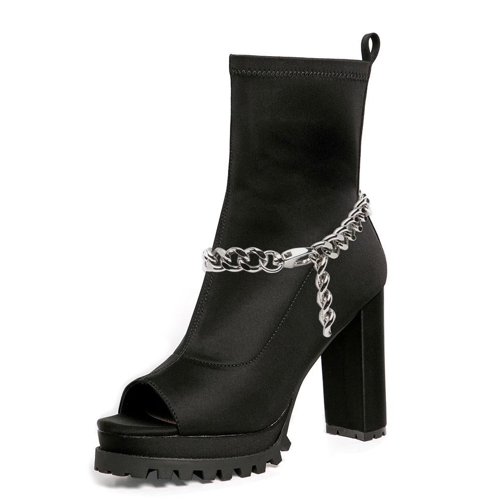 Black Open-Toe Summer Boots Chunky Heel Chain Platform Booties Nicepairs