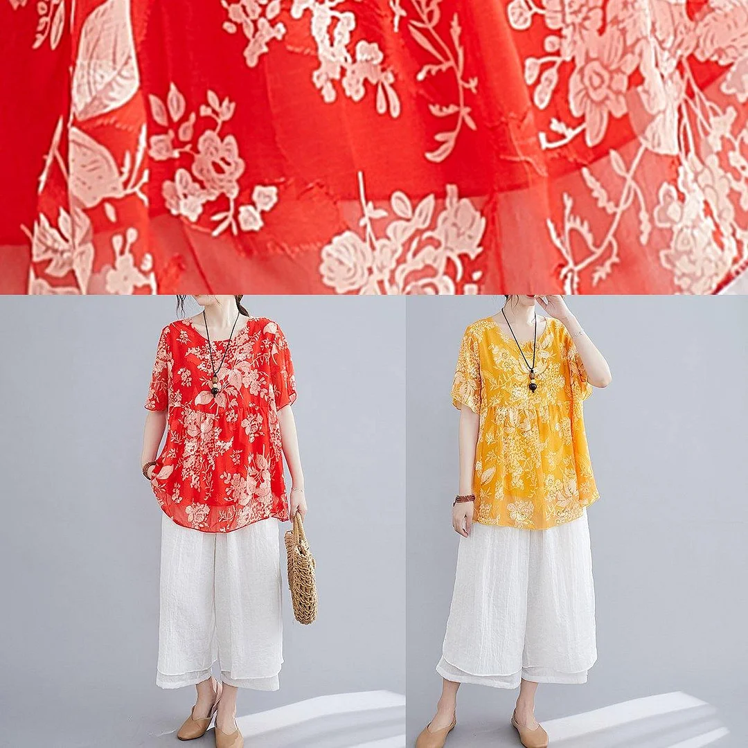 Summer red small floral cotton and linen top + wide-leg pants suit