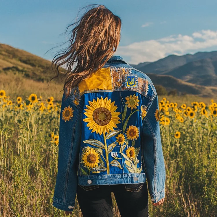 VChics Vintage Ukrainian Sunflowers Embroidered Patchwork Washed Denim Jacket