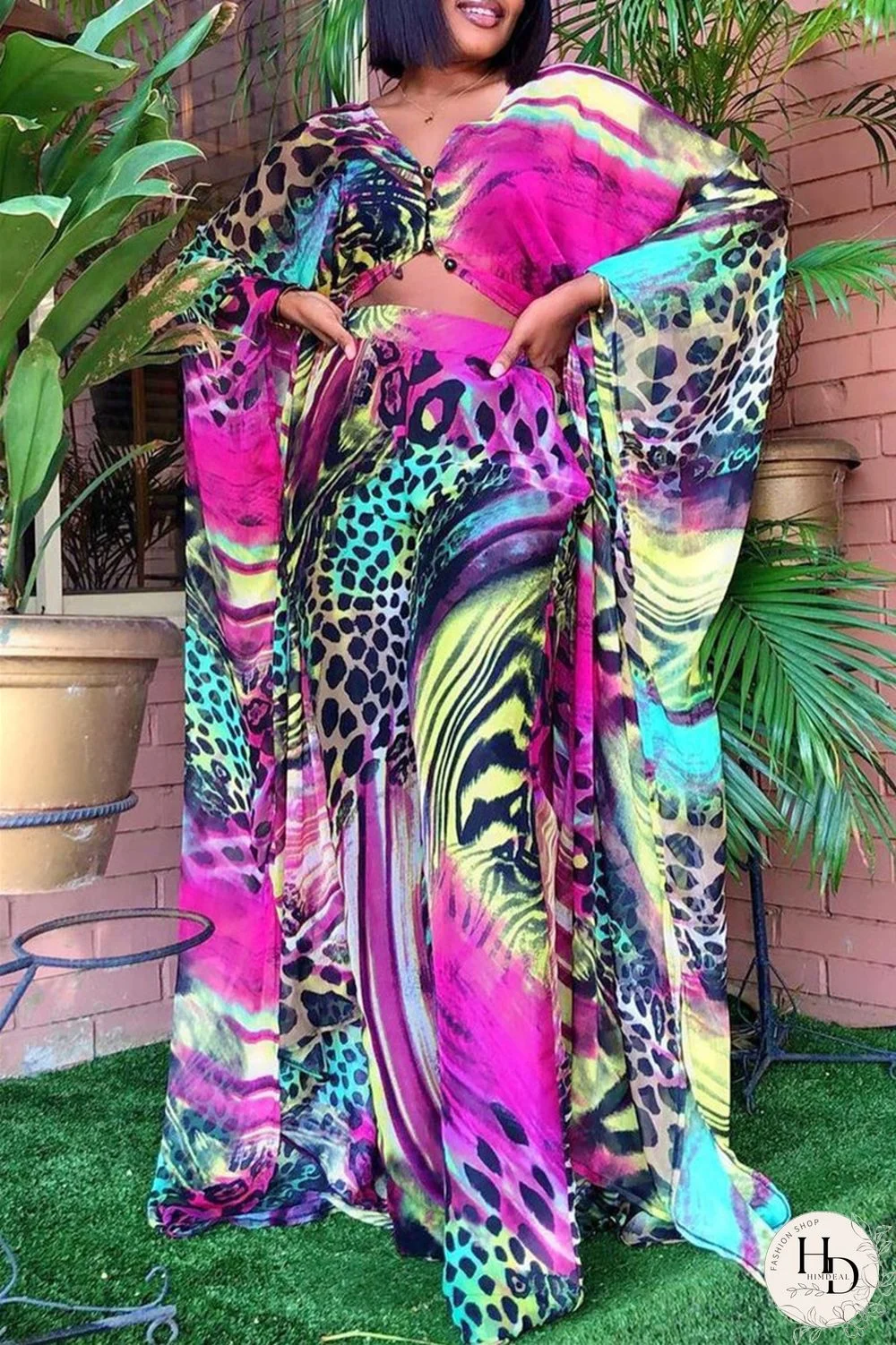 Blue Fashion Casual Print Slit V Neck Long Sleeve Two Pieces