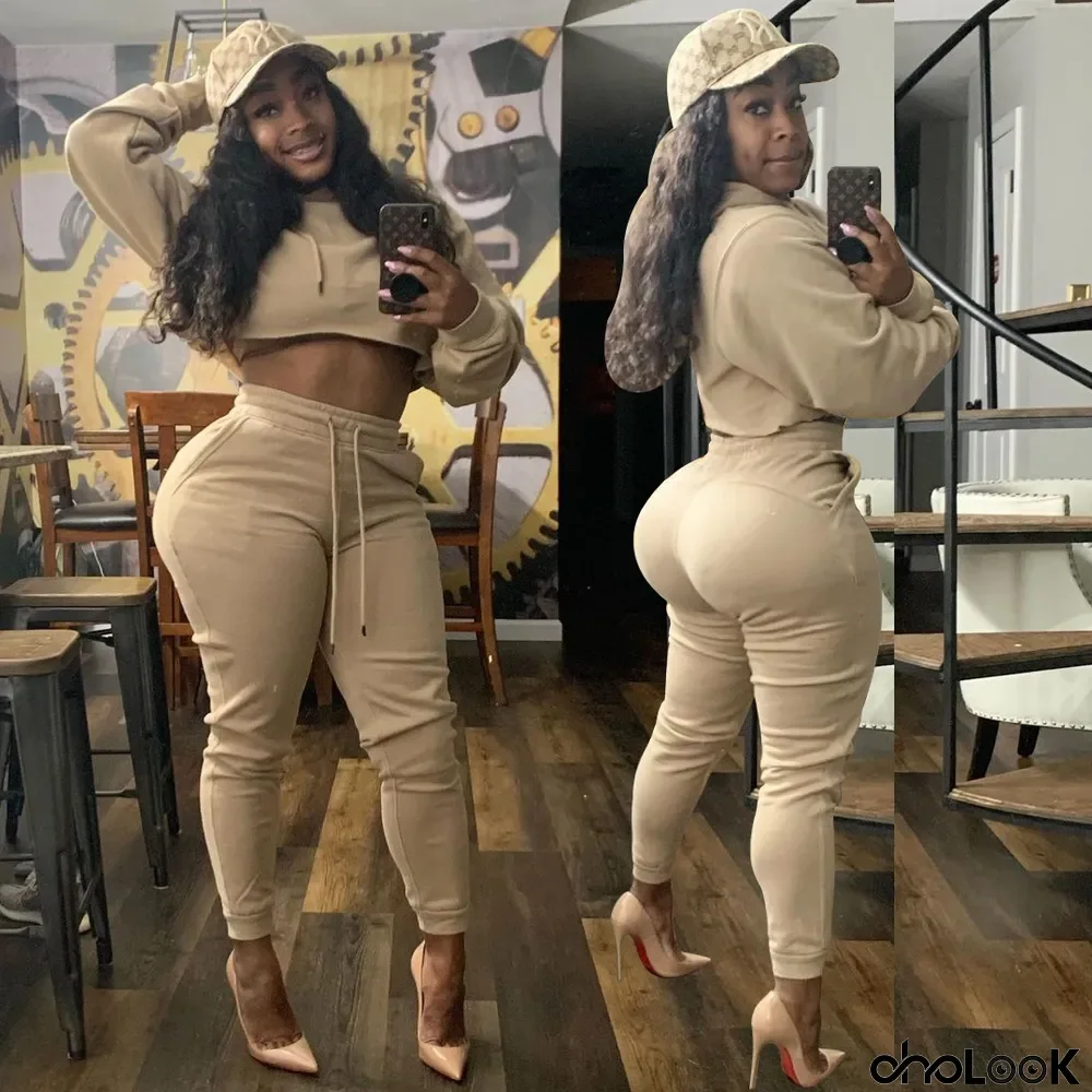 Solid Sexy Tight Fitting Cropped Hoodie Tracksuits Casual Two-Piece Pants Set