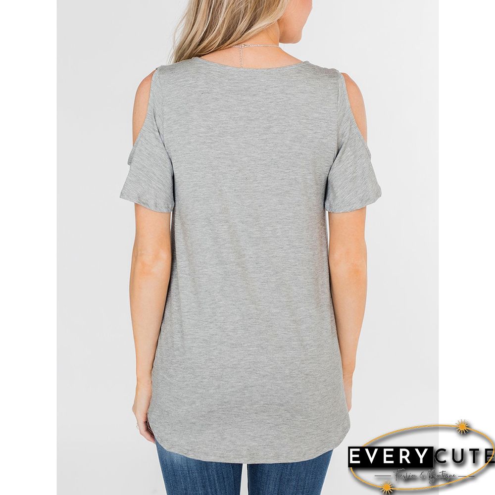Gray Cold Shoulder Crisscorss V Neck Tops