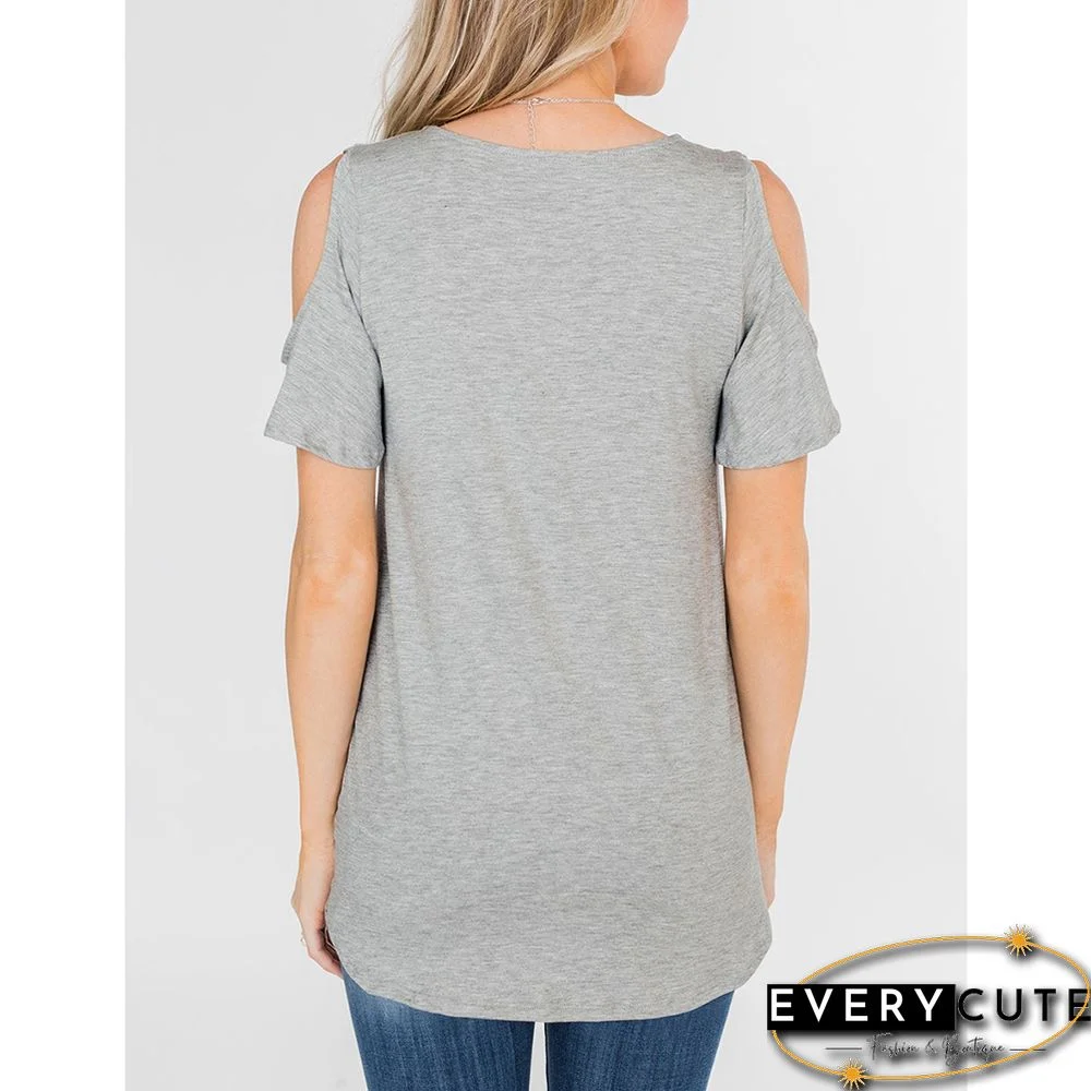 Gray Cold Shoulder Crisscorss V Neck Tops