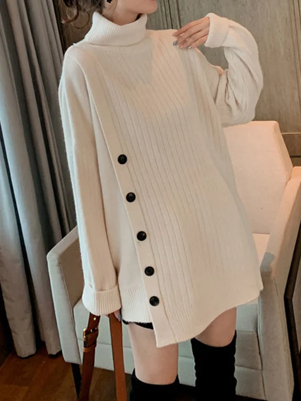 High-Low Long Sleeves Asymmetric Buttoned High-Neck Knitwear Pullovers Sweater Tops