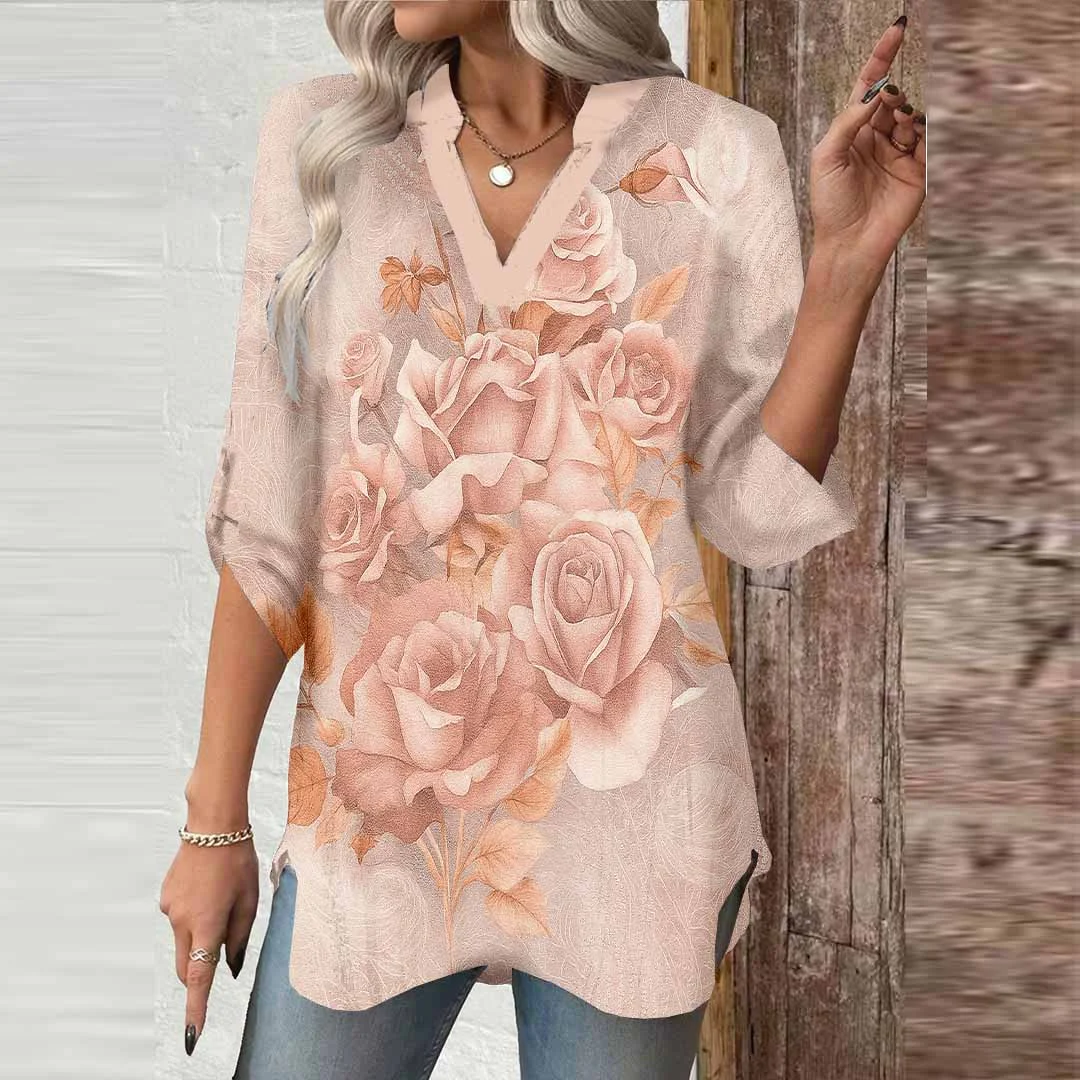 Women Floral, Pink DZGA0609 3/4 Sleeve V-neck Printed Graphic Button Tops