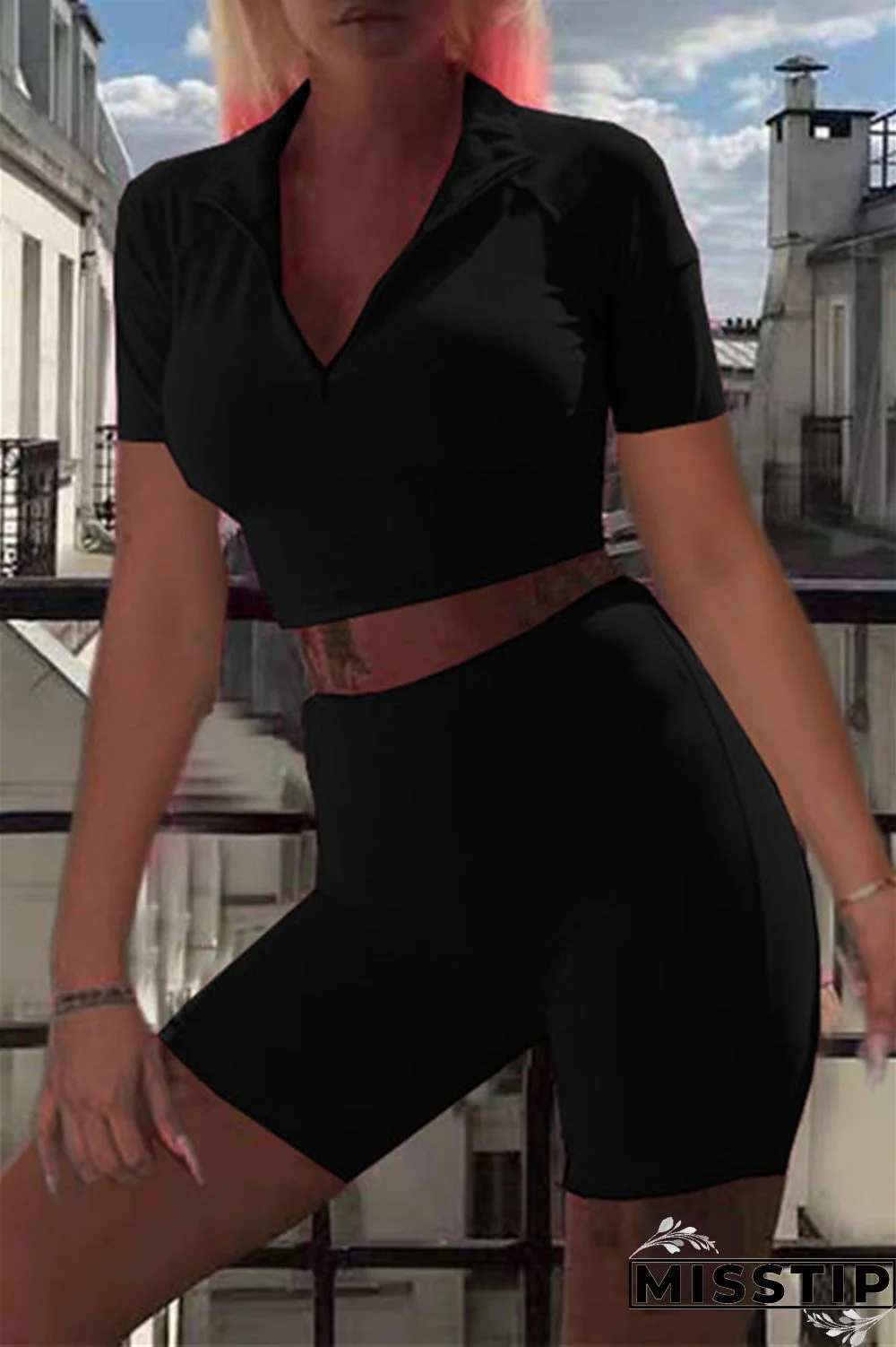 Black Fashion Casual Solid Basic Turndown Collar Short Sleeve Two Pieces