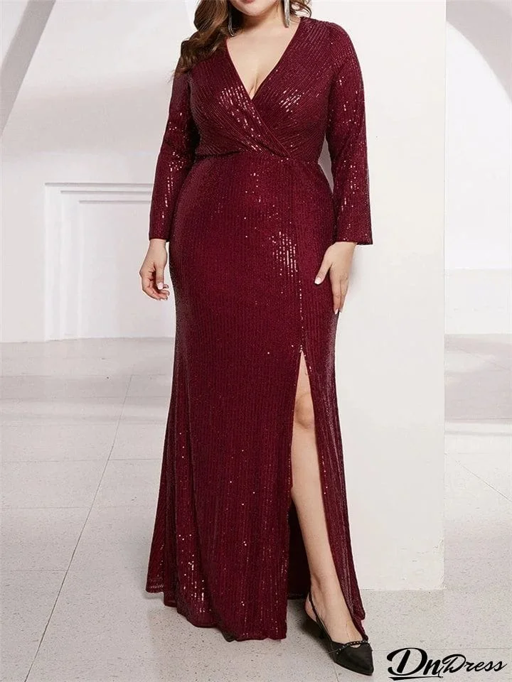 Gorgeous Shiny V-Neck Sequins Long Sleeve Slit Dress