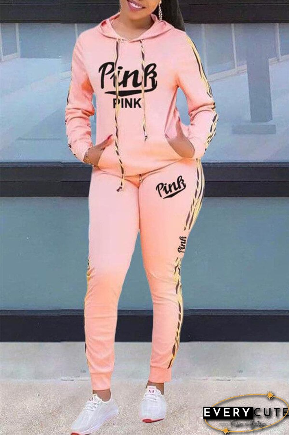 Casual Letter Print Hooded Collar Two Pieces