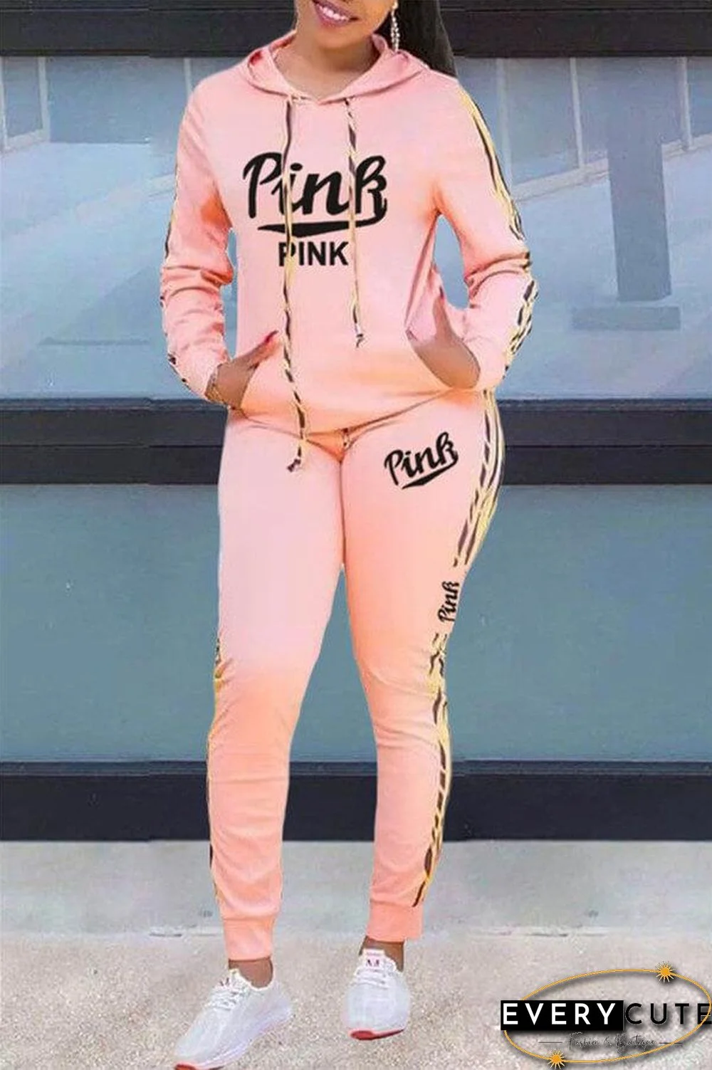 Casual Letter Print Hooded Collar Two Pieces