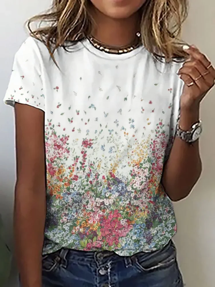 Printed Short Sleeve Casual T-shirt for  Women and Men Unisex Pattern Floral, Green, Red