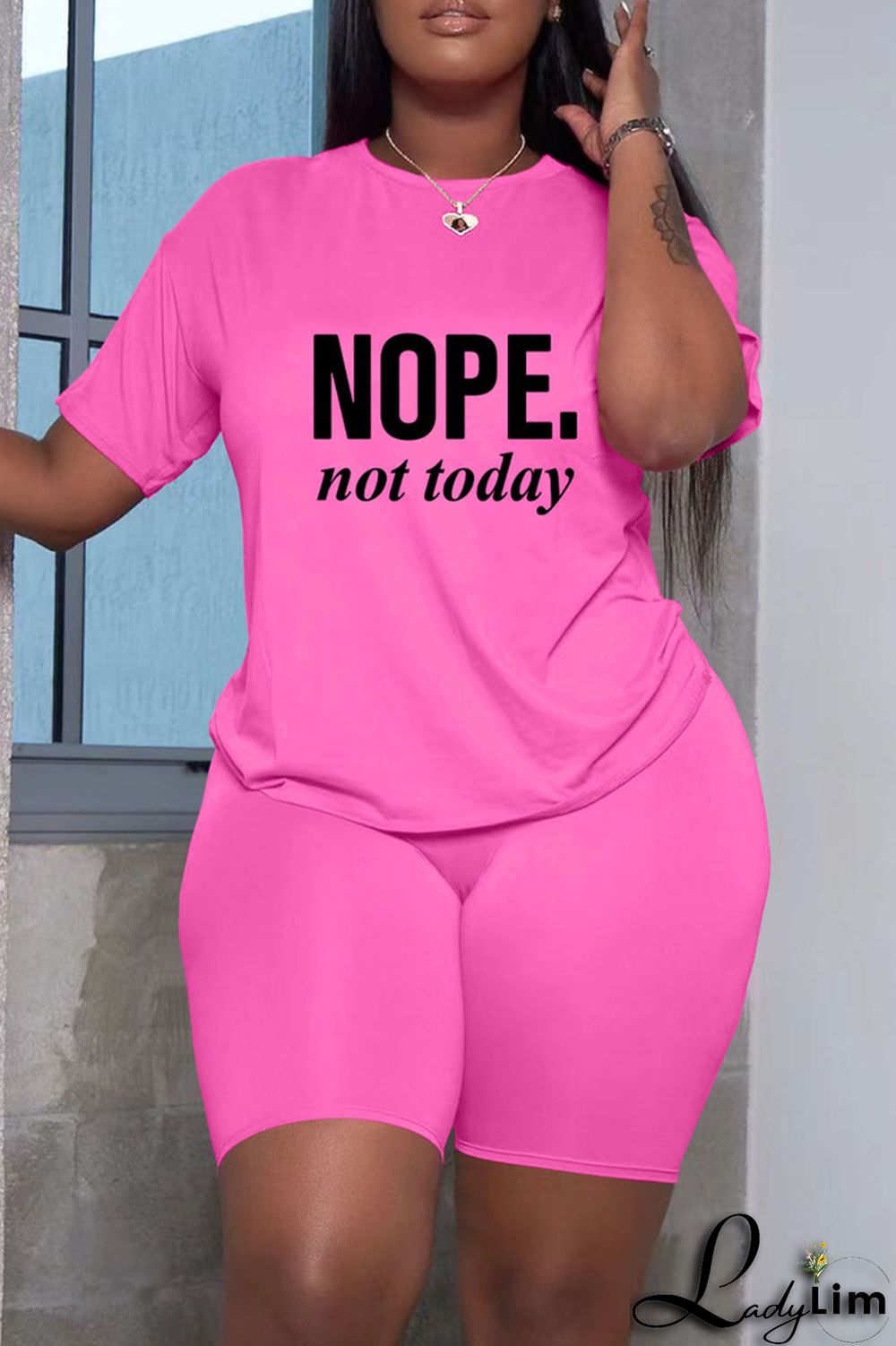 Grey Fashion Casual Letter Print Basic O Neck Short Sleeve Two Pieces