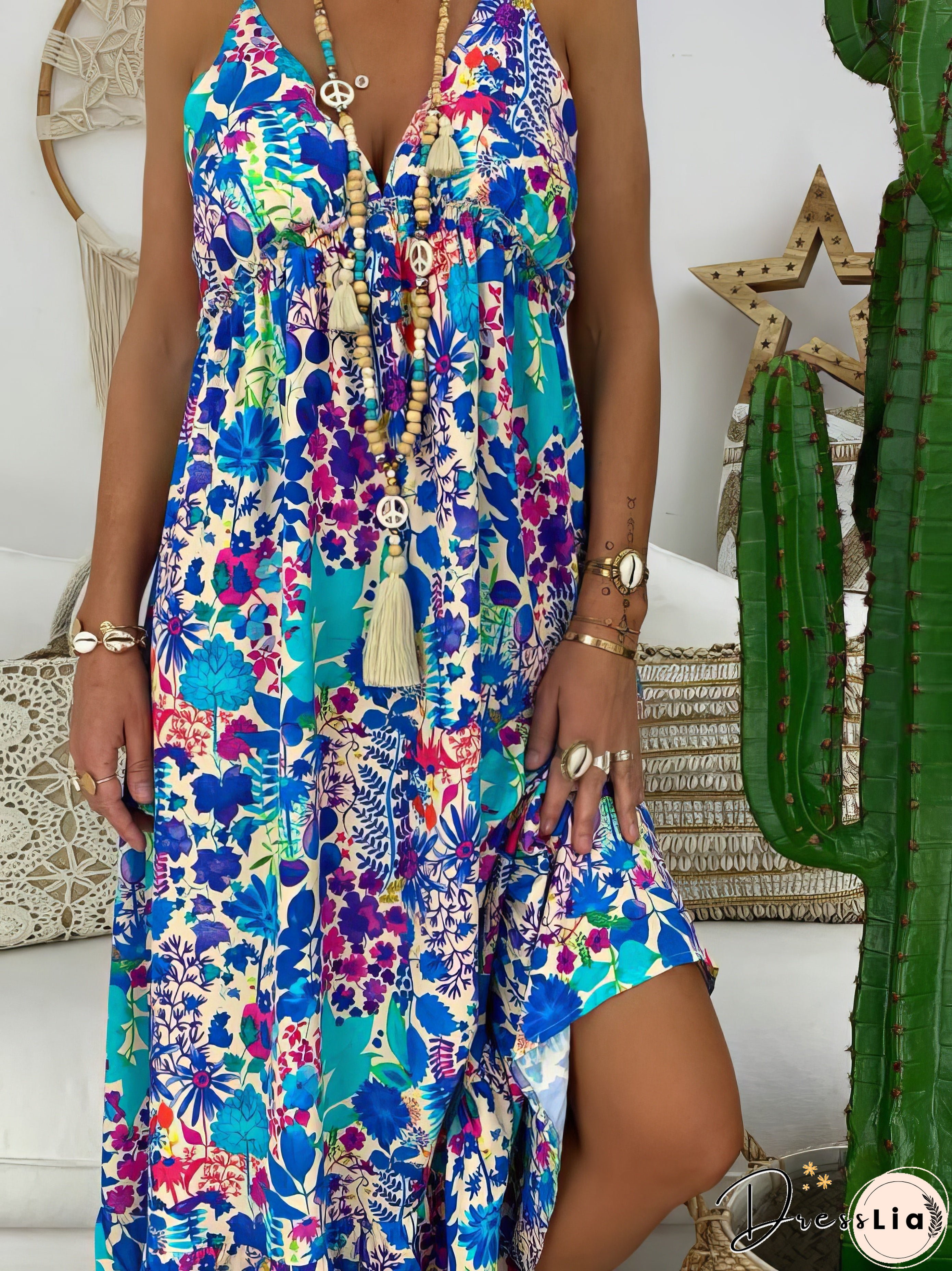 Printed Sling V-Neck Maxi Dress