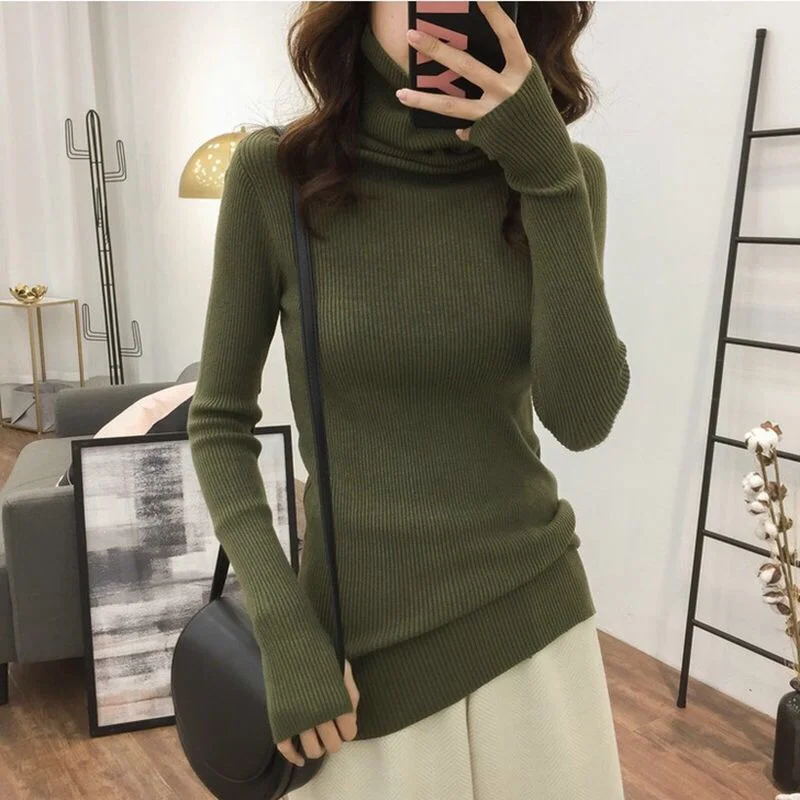 2020 Autumn Winter warm Sweater Women Knitted Ribbed Pullover Sweater Long Sleeve Turtleneck Slim Jumper Soft Warm Pull Femme