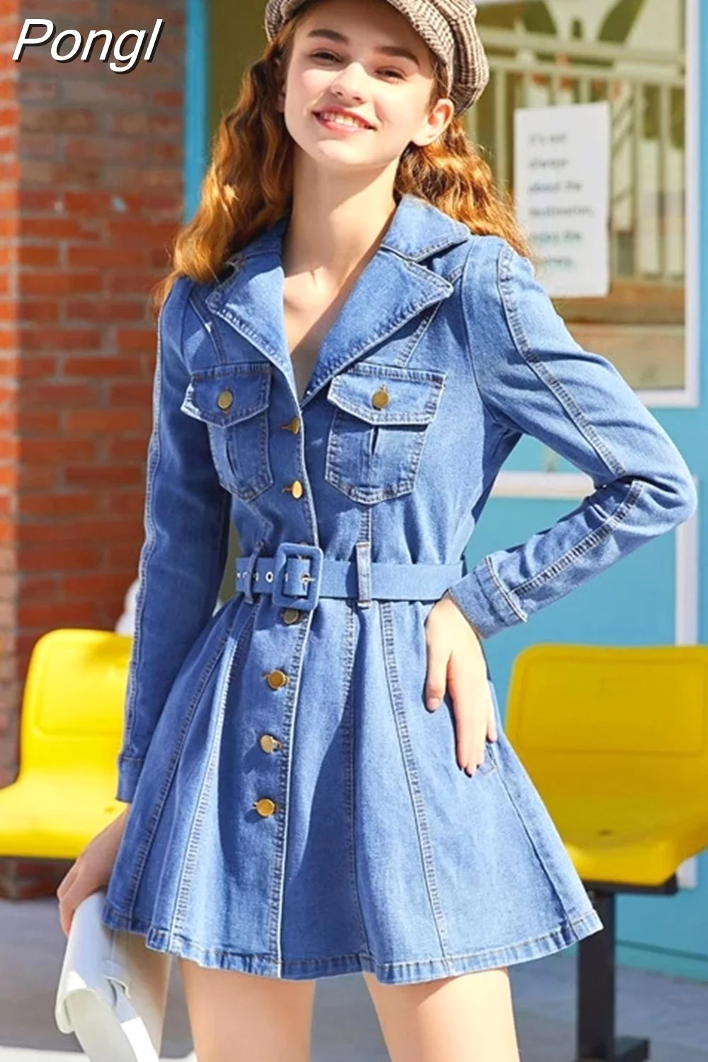 Pongl New Single-breasted Denim Dress Long Sleeve Pockets Slim A-line Jeans Dress Korean Fashion Notched Cowboy Coat Dress