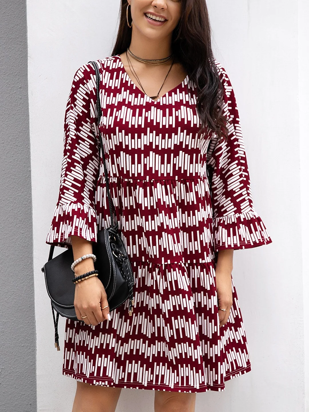 Wine Red Geometric Long Sleeve V Neck A-Line Weaving Dress | IFYHOME
