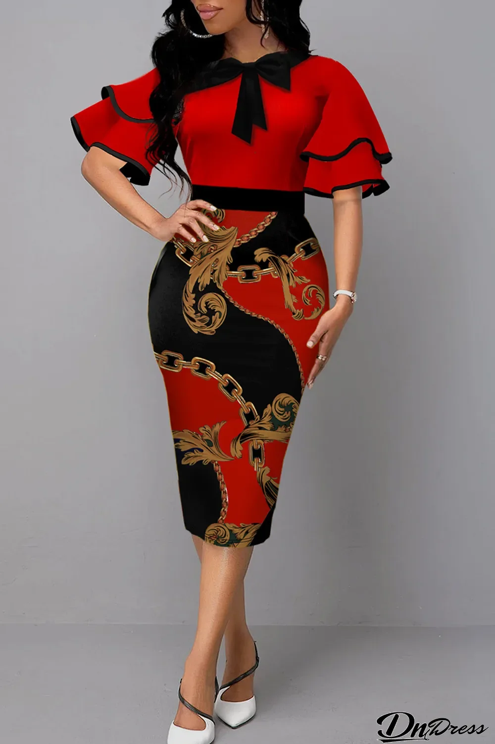 Red Vintage Print Flounce O Neck Pencil Skirt Dresses