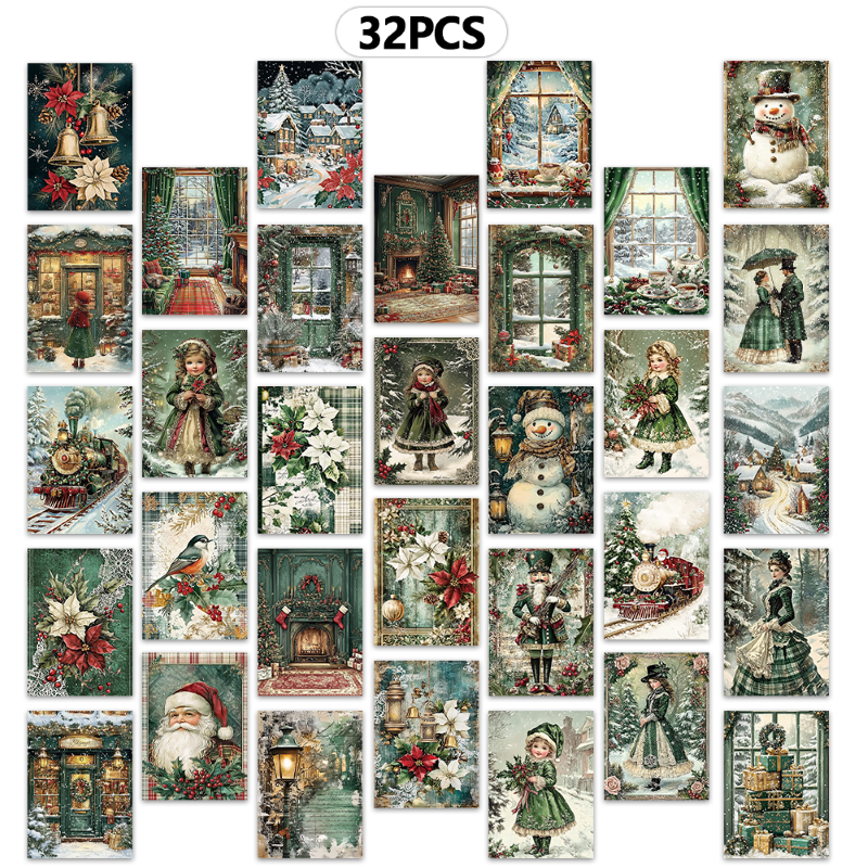 Tegooe 32PCS Vintage Christmas Postcards Set - Green Retro Holiday Collection