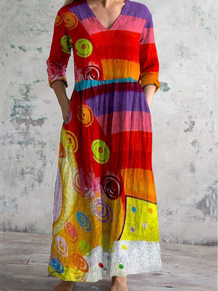 Women's Round Neck Geometric Color Print Pattern Dress with Pockets