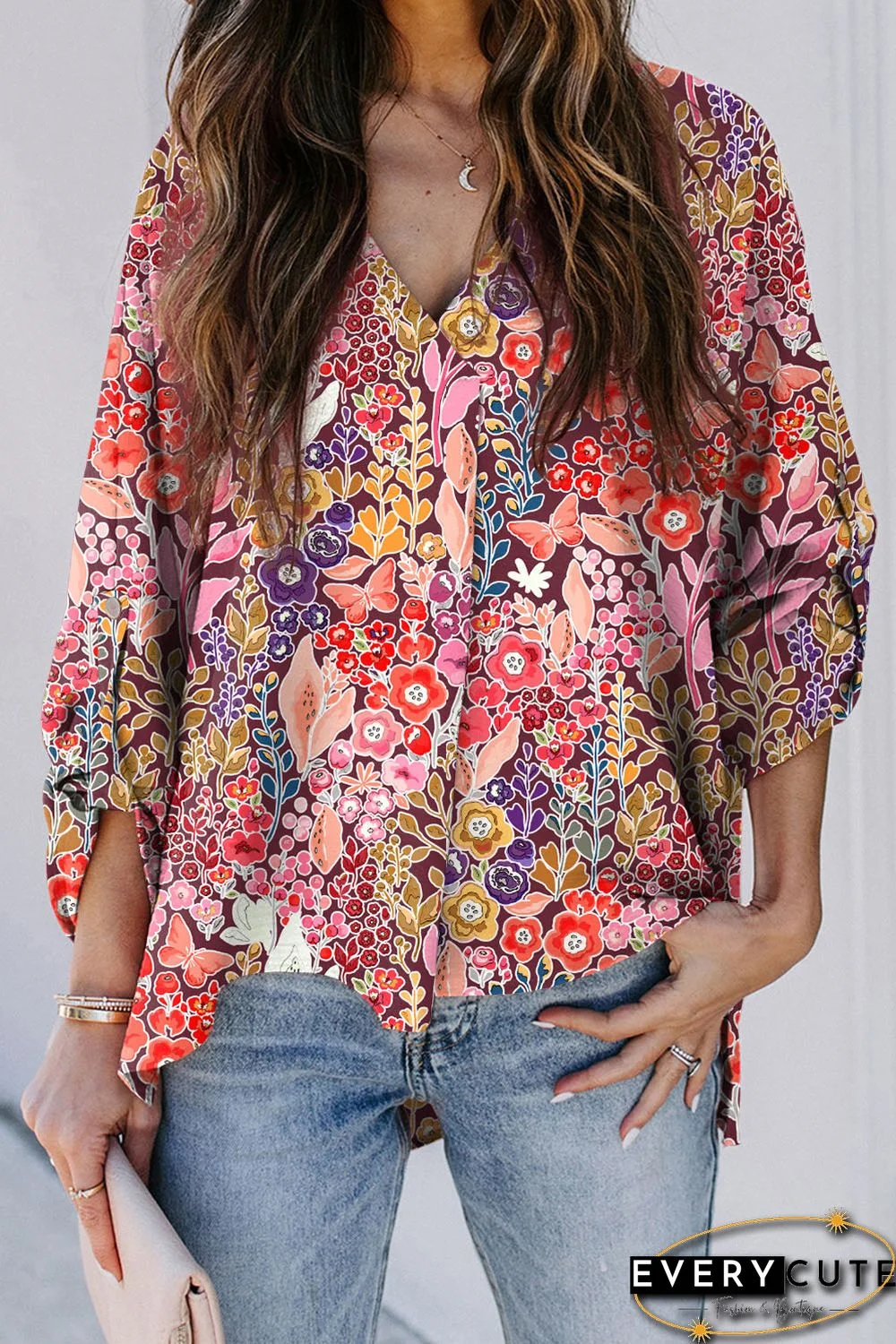 Multicolor Boho Floral Long Sleeve V-Neck Blouse