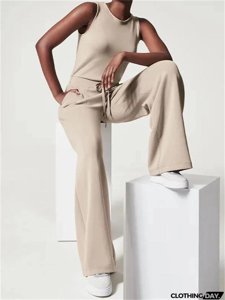 Ladies Summer Relaxed Crew Neck Sleeveless Straight Leg Jumpsuit