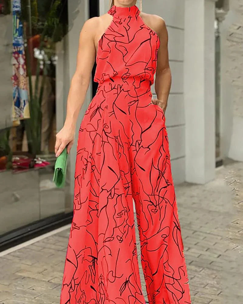 Sleeveless halterneck printed jumpsuit