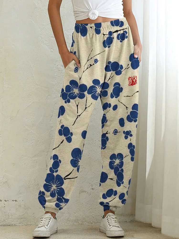 Cherry Blossom Japanese Lino Art Sweatpants