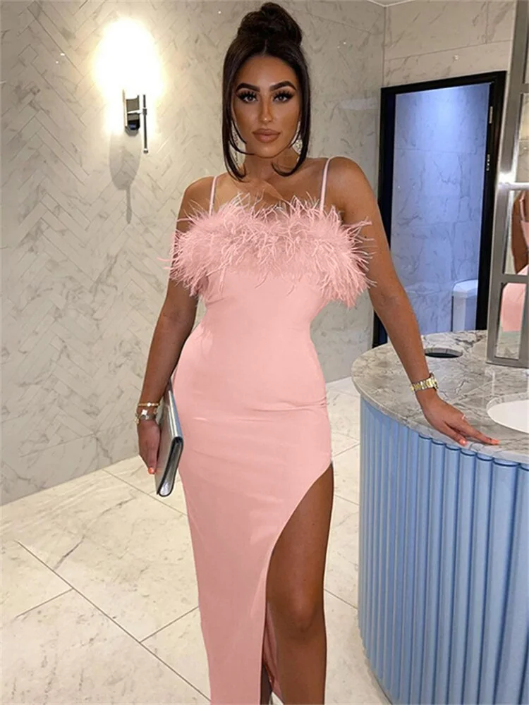 Ueong Summer Sexy Feather Maxi Dresses Club Outfit For Women 2022 Camis Backless Bodycon Long Dress Female Solid Casual Dress