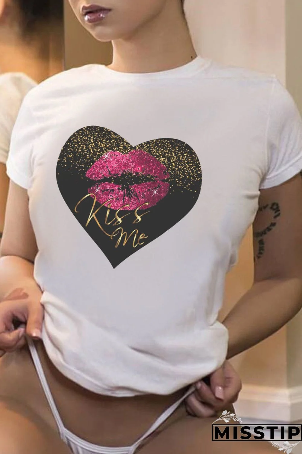White Casual Street Lips Printed Patchwork Letter O Neck T-Shirts