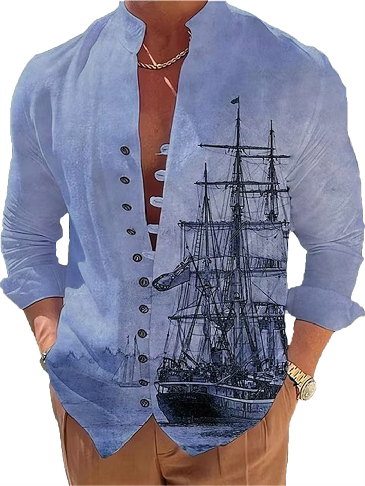 Men's Shirt Graphic Prints Vintage Sailboat Stand Collar Apricot Pink Blue Purple Green Outdoor Street Long Sleeve Print Clothing Apparel Fashion Designer Casual Comfortable
