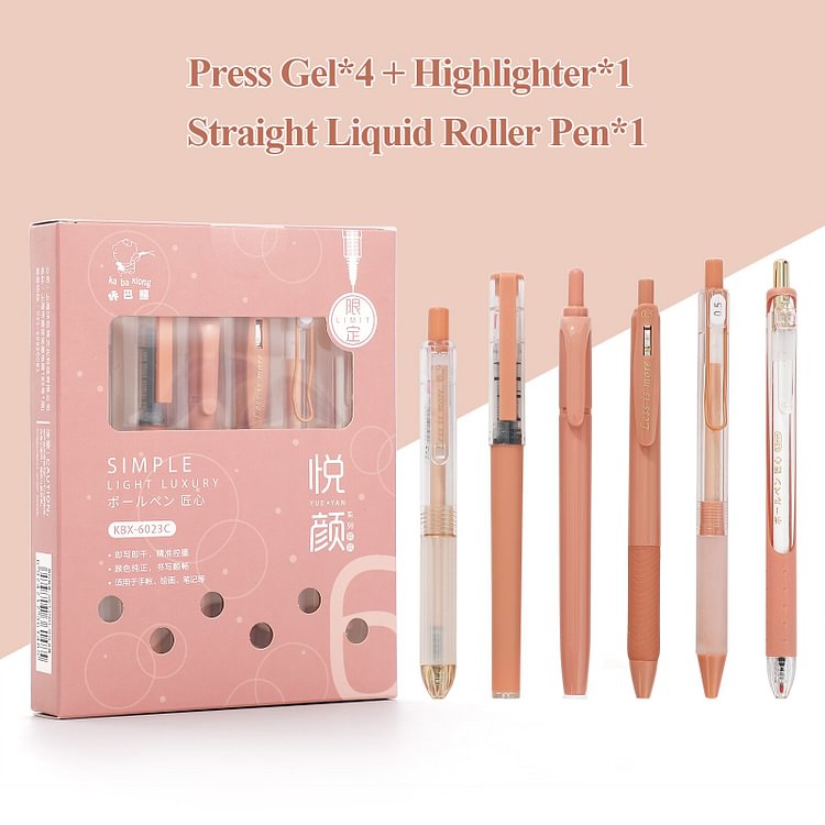 JOURNALSAY 5 Pcs Retractable Press Gel Pen Highlighter Set 0.5mm Student Writing