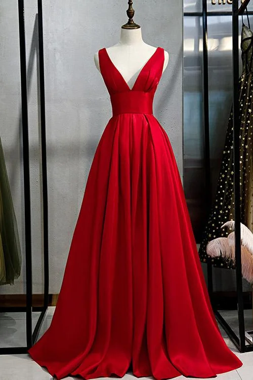 Daisda Elegant Red V-neck A-Line Prom Dress With Sleeveless Online