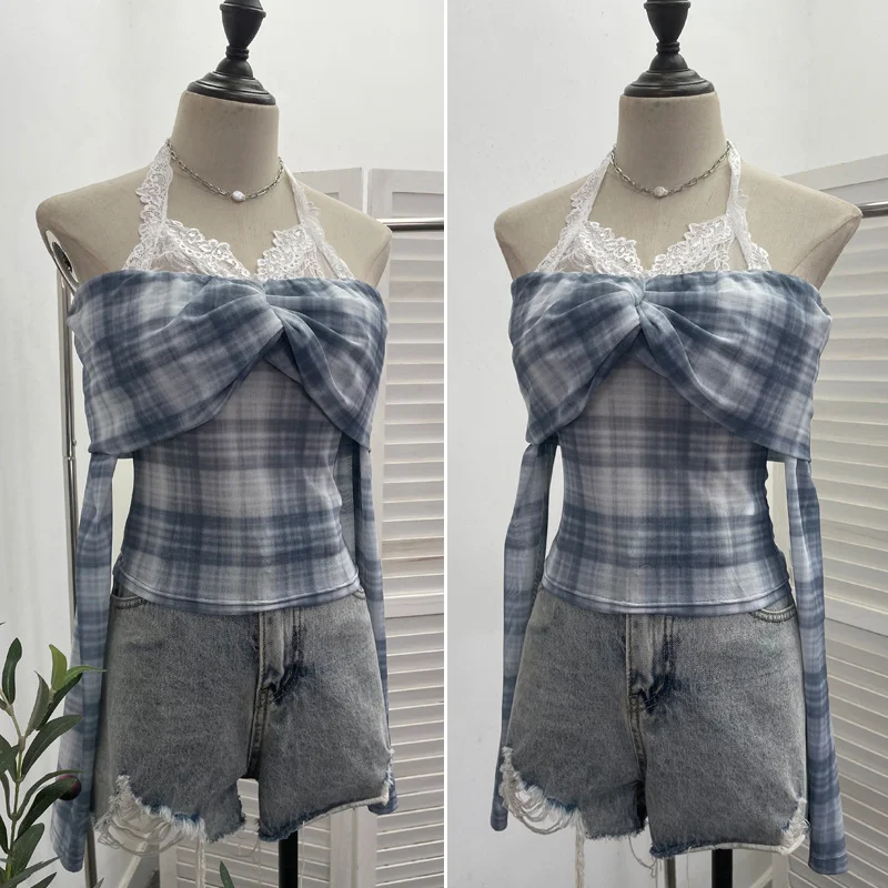 Nigikala Nigikala Hanging Neck Shoulder Mesh Yarn Long-Sleeved Top Design Y2k Short Repair T-Shirt 8070