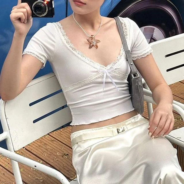 Cute Bandage Bow Cropped Top White Sweet Knitted Lace Splicing T Shirts Summer Casual V-neck Tees Women y2k Aesthetic Tops