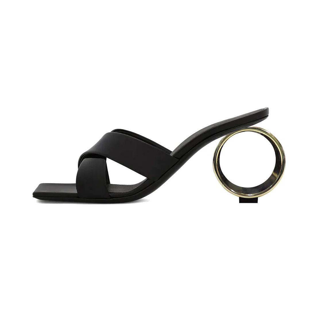 Black Crossed Strap Open Square Toe Sculptural Heel Mules Sandals