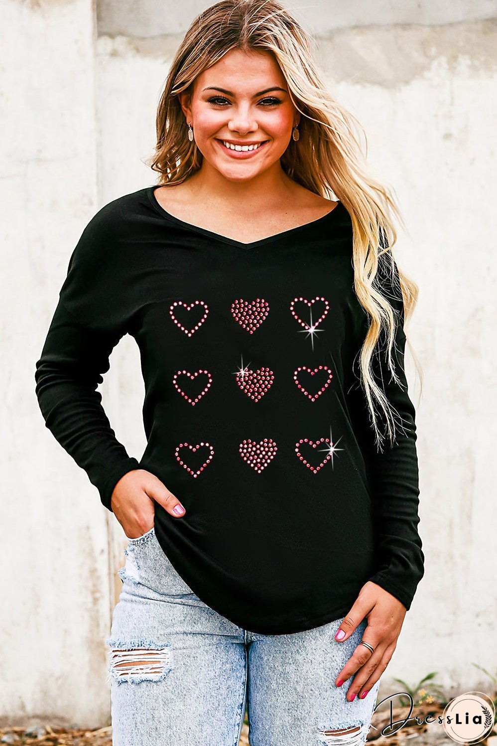 Black Valentines Day Rhinestone Heart Graphic Long Sleeve Tee