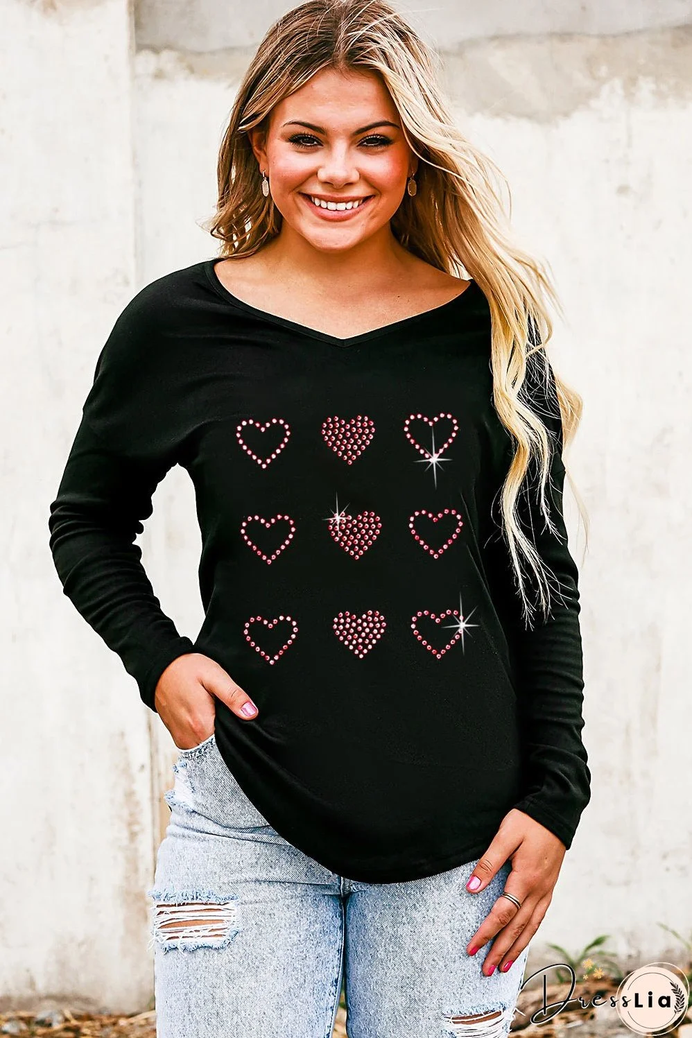 Black Valentines Day Rhinestone Heart Graphic Long Sleeve Tee