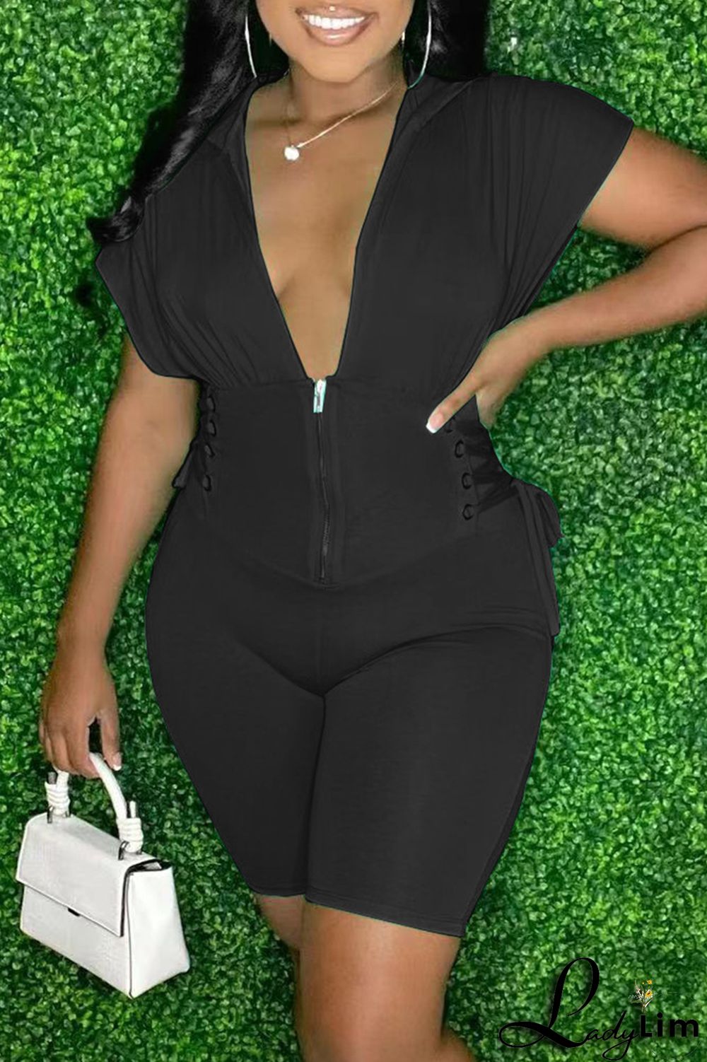 Black Fashion Casual Solid Frenulum V Neck Short Sleeve Skinny Romper