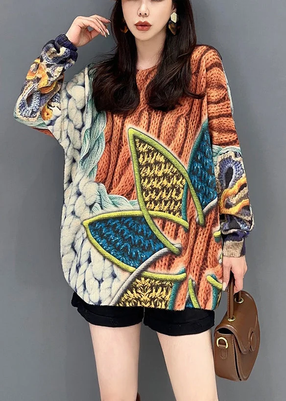 Women Orange O Neck Print Cozy Knitted Cotton Top Long Sleeve
