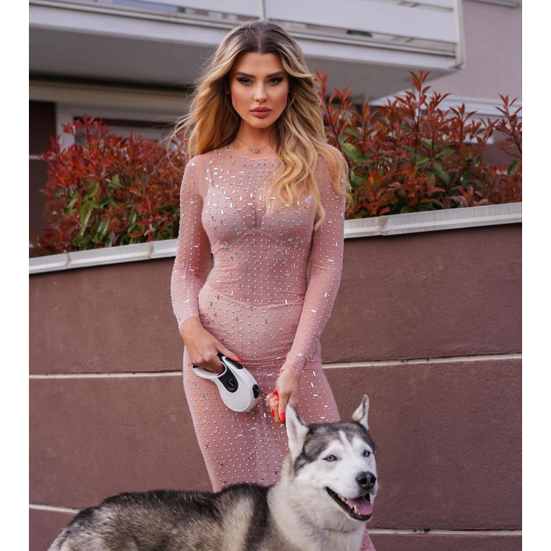 Ootddress Glitter Female Cover up Maxi Dress Mesh See-Through Split Fashion Long Sleeve Slim Sexy Beach Cover up Dress For Women New