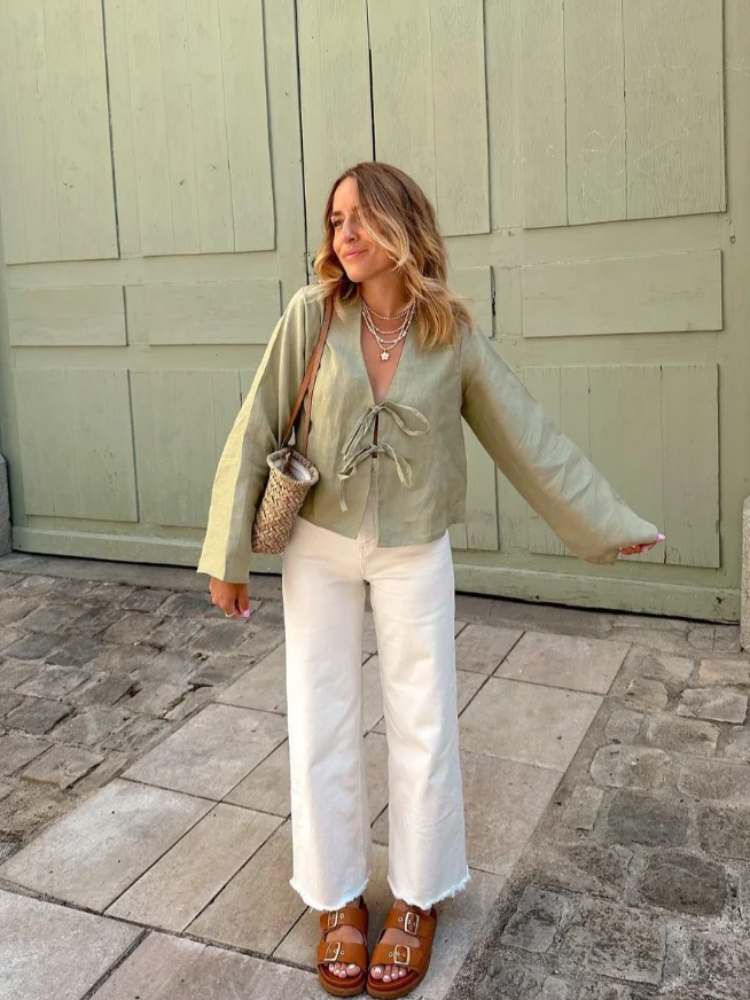 Uveng Women V Neck Solid Green Lace Up Shirt Fashion Long Sleeves Loose Cropped Top Chic Lady Street Blouse Vacation Tops