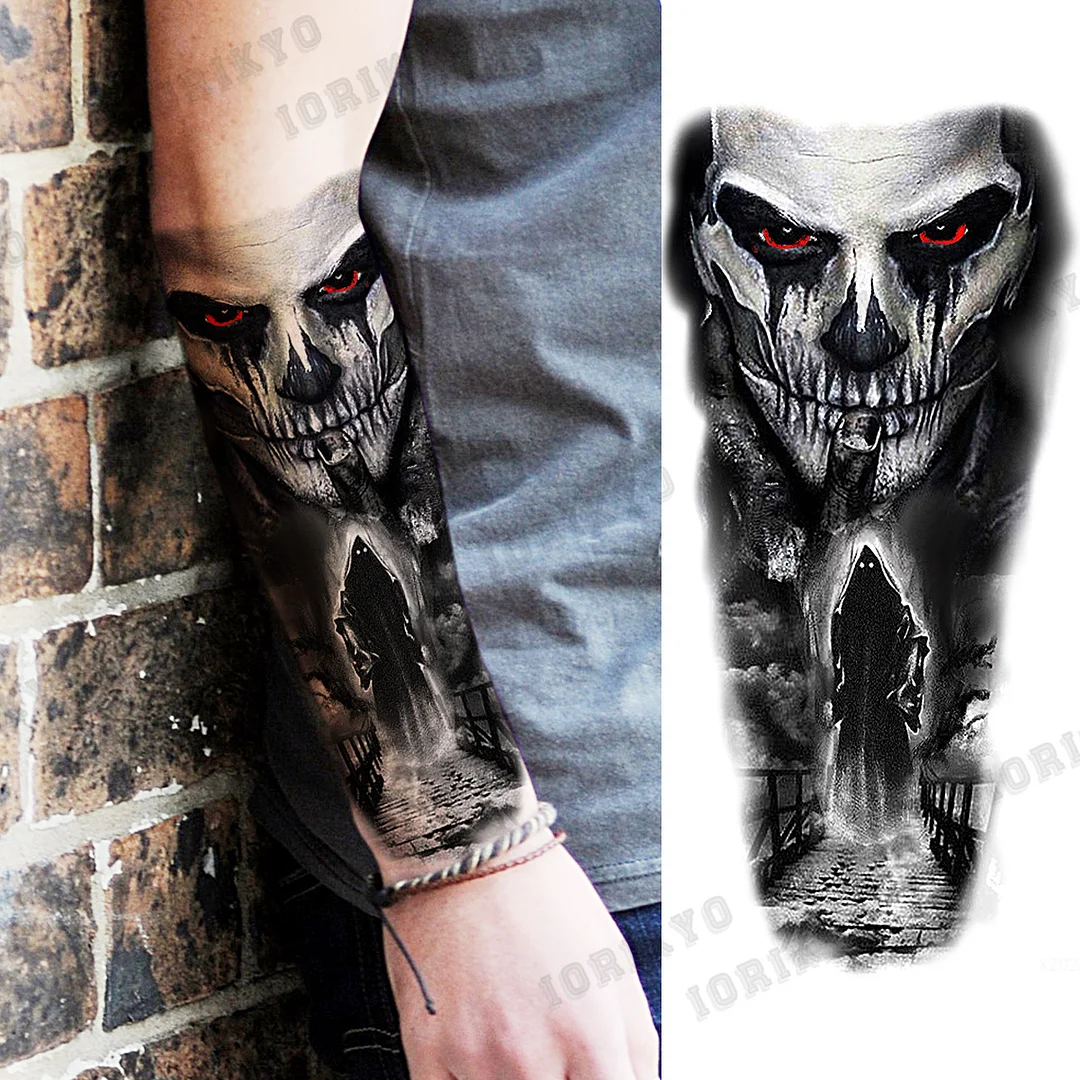 Sdrawing Devil Skeleton Temporary Tattoos For Men Adult Women Wolf Compass Gangster Fake Tattoo Washable Body Art Tatoo Sticker