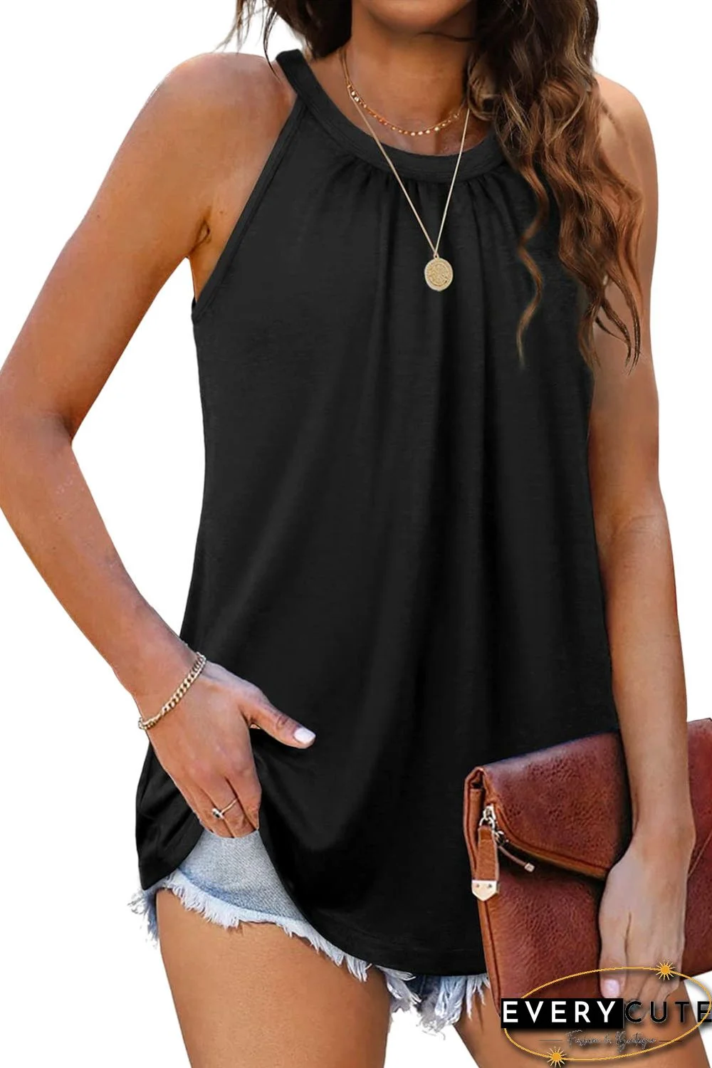 Black Pleated Round Neck Loose Sleeveless Top