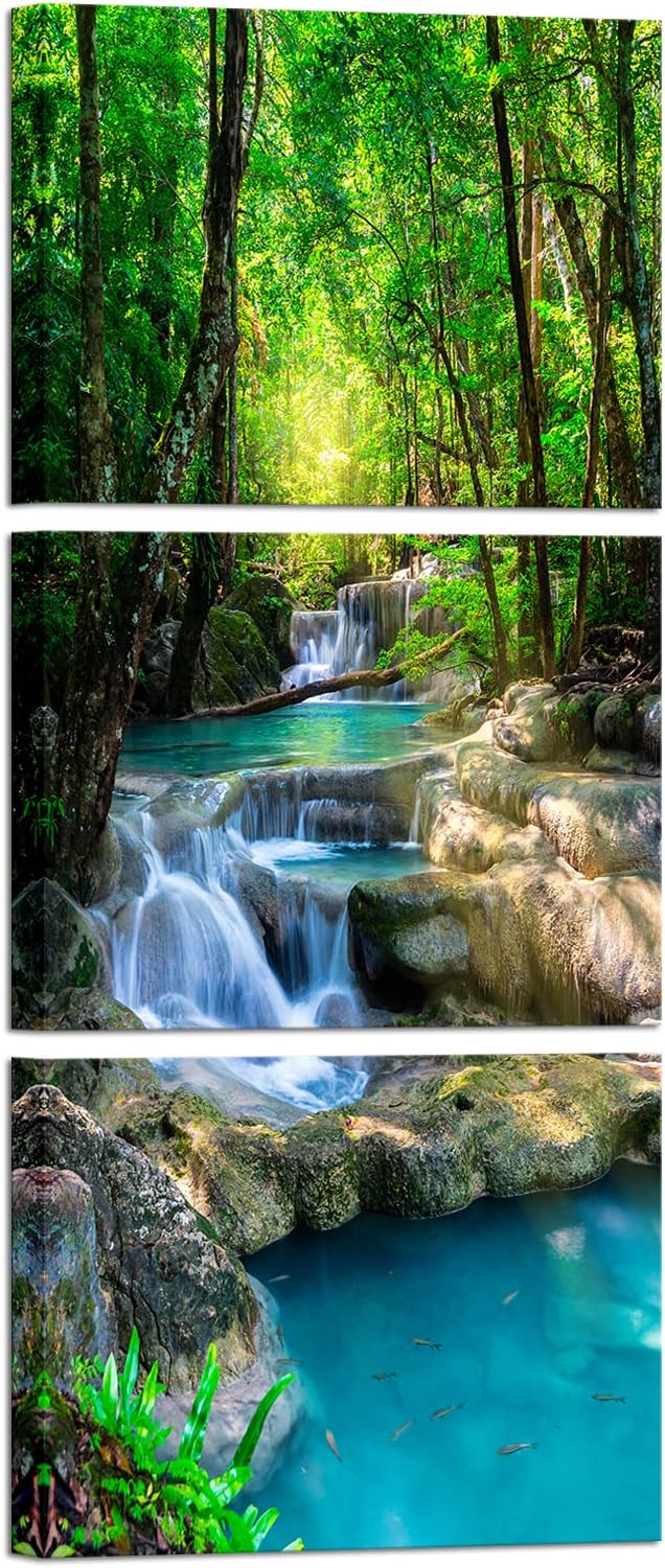 iKNOW FOTO 3 Piece Canvas Wall Art Nature Landscape Pictures Green Forest Waterfall Poster Canvas Prints Framed Artwork Spa Bathroom Bathroom Room Decor 12x16inchx3pcs