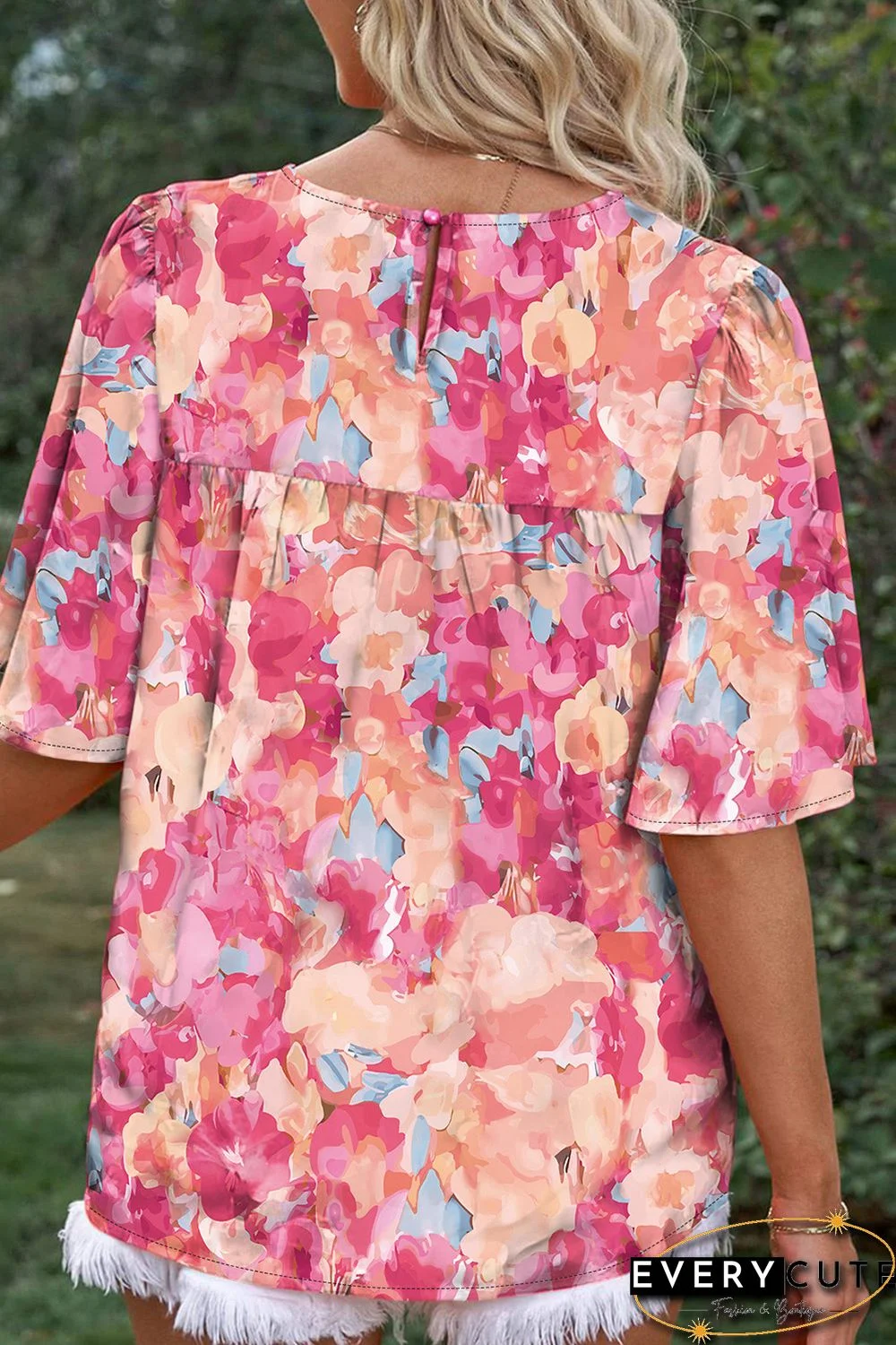 Pink Red Floral Print Wide Sleeve Blouse