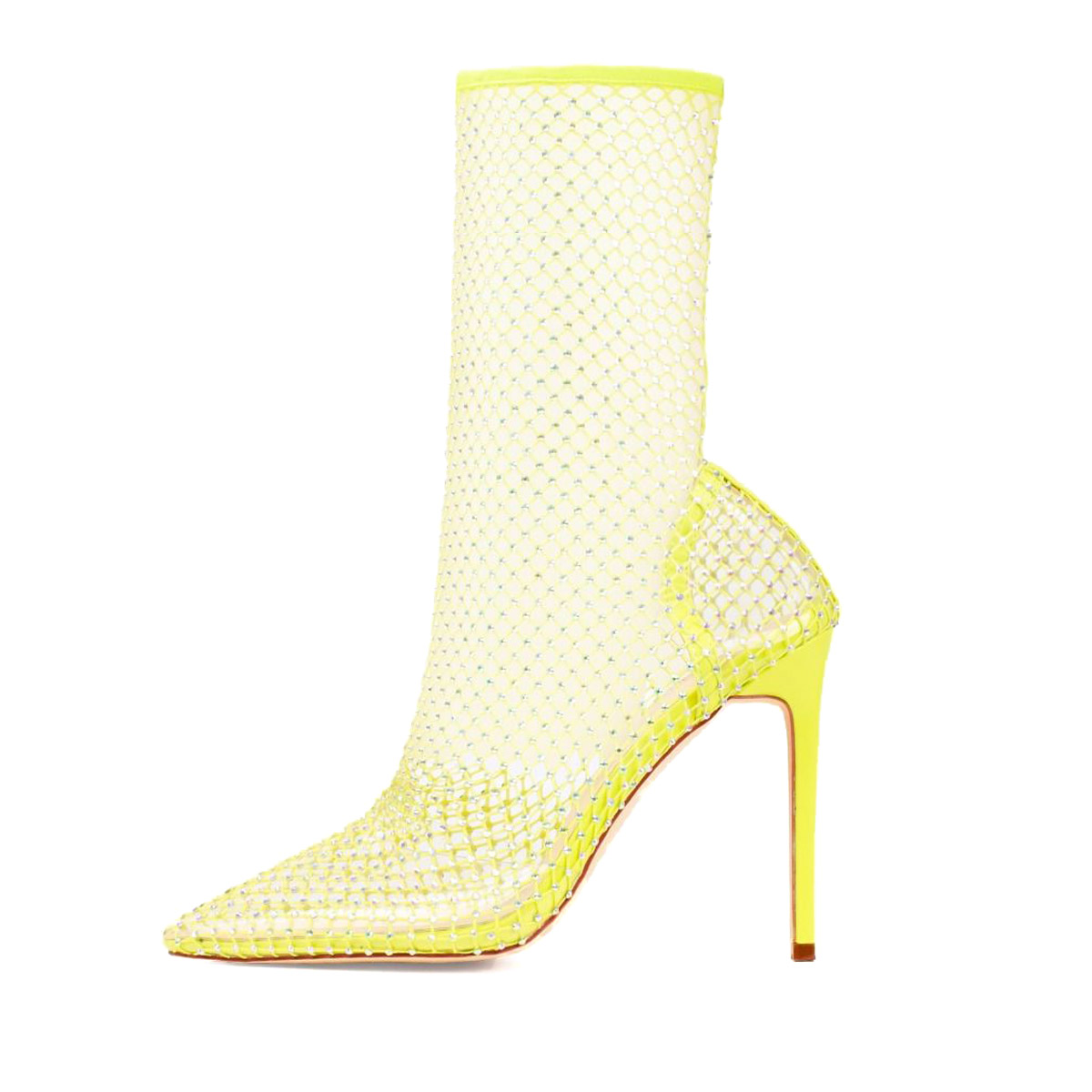 Yellow Rhinestone Mesh Pointed Toe Stiletto Heel Summer Boots Nicepairs