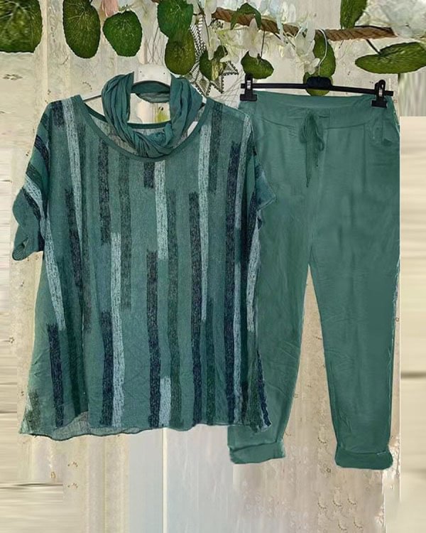 Cotton Print Casual Short Sleeve T-shirt and Bottom Suit