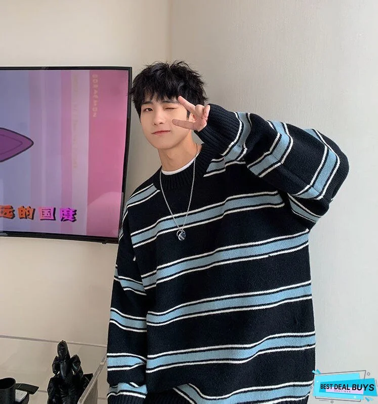 Striped Sweater Men Round Neck Winter Pullover Sweater Korean Fashion Harajuku Loose Wild Long Sleeve Sweater Oversize